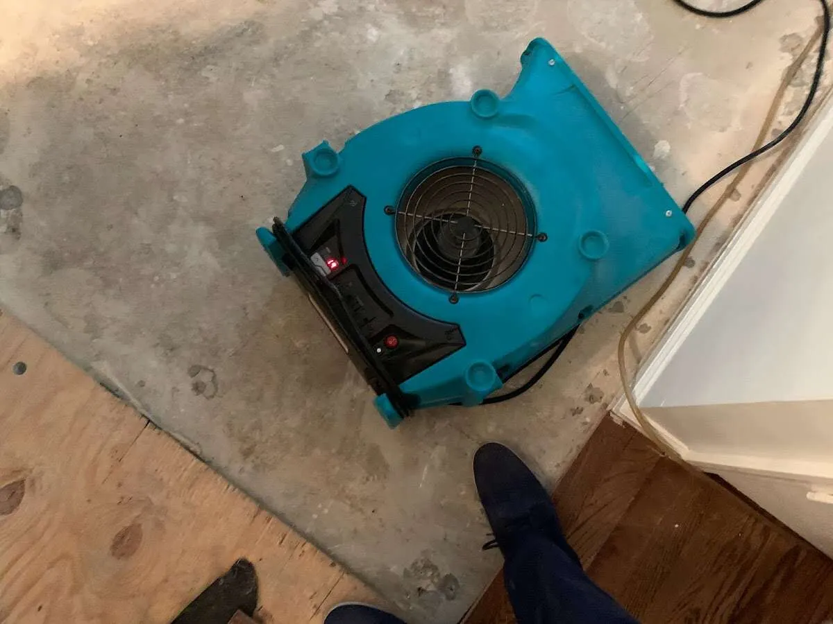 Air mover drying subfloor during Leak Detection & Repair in Danville